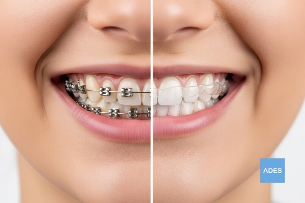 Comparativa visual de una sonrisa con brackets metálicos tradicionales frente a una sonrisa con alineadores de ortodoncia invisible.