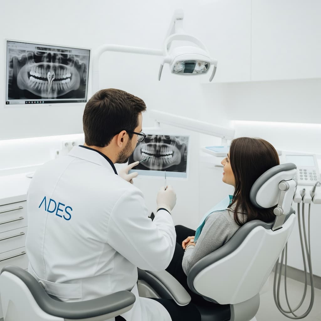 Dentista de ADES revisando radiografía con paciente con diente flojo sin dolor.