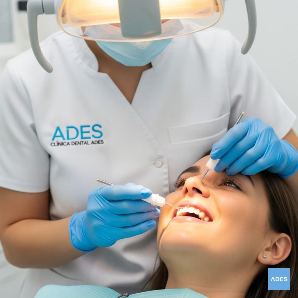 Aplicación de gel desensibilizante tras limpieza dental en Clínica Dental ADES.