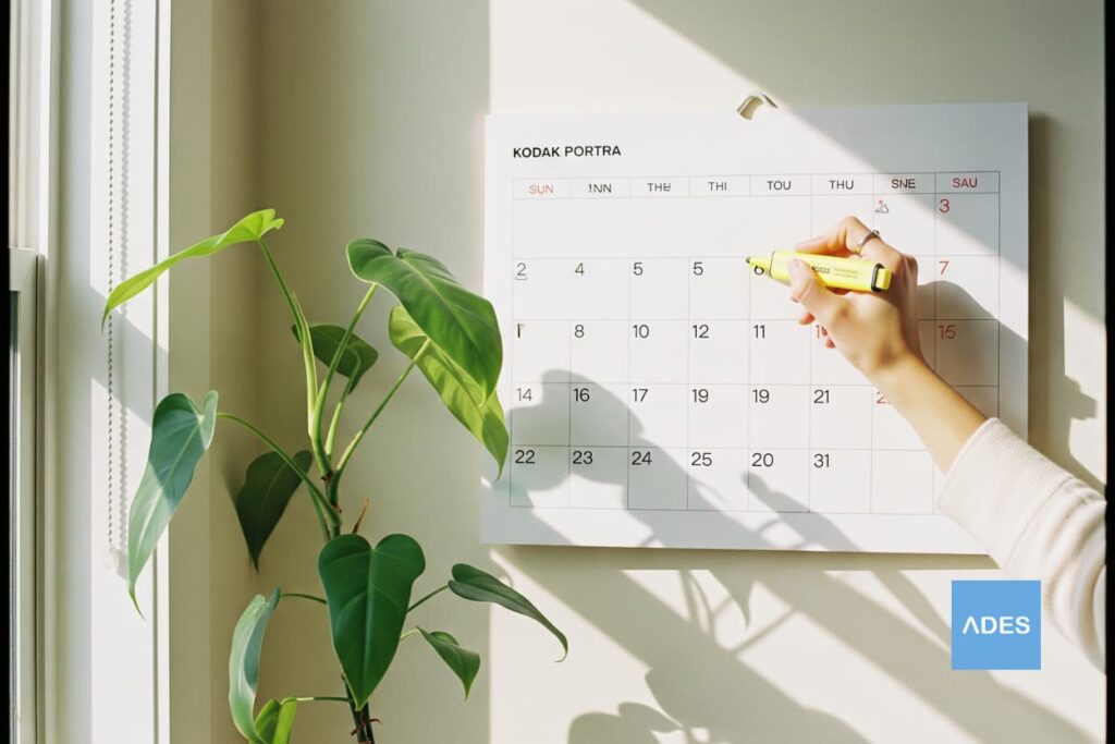 Mano de una persona marcando una fecha en un calendario, simbolizando la duración y el compromiso necesarios en un tratamiento de ortodoncia.