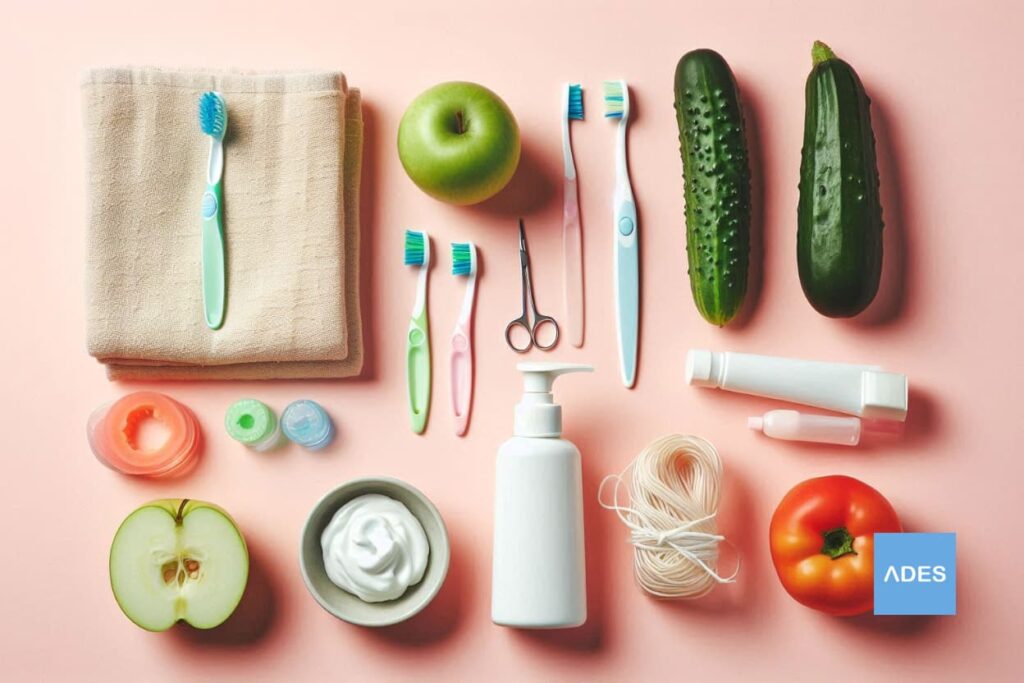 Productos para cuidado de encías: cepillo suave, hilo dental, enjuague y alimentos ricos en vitamina C