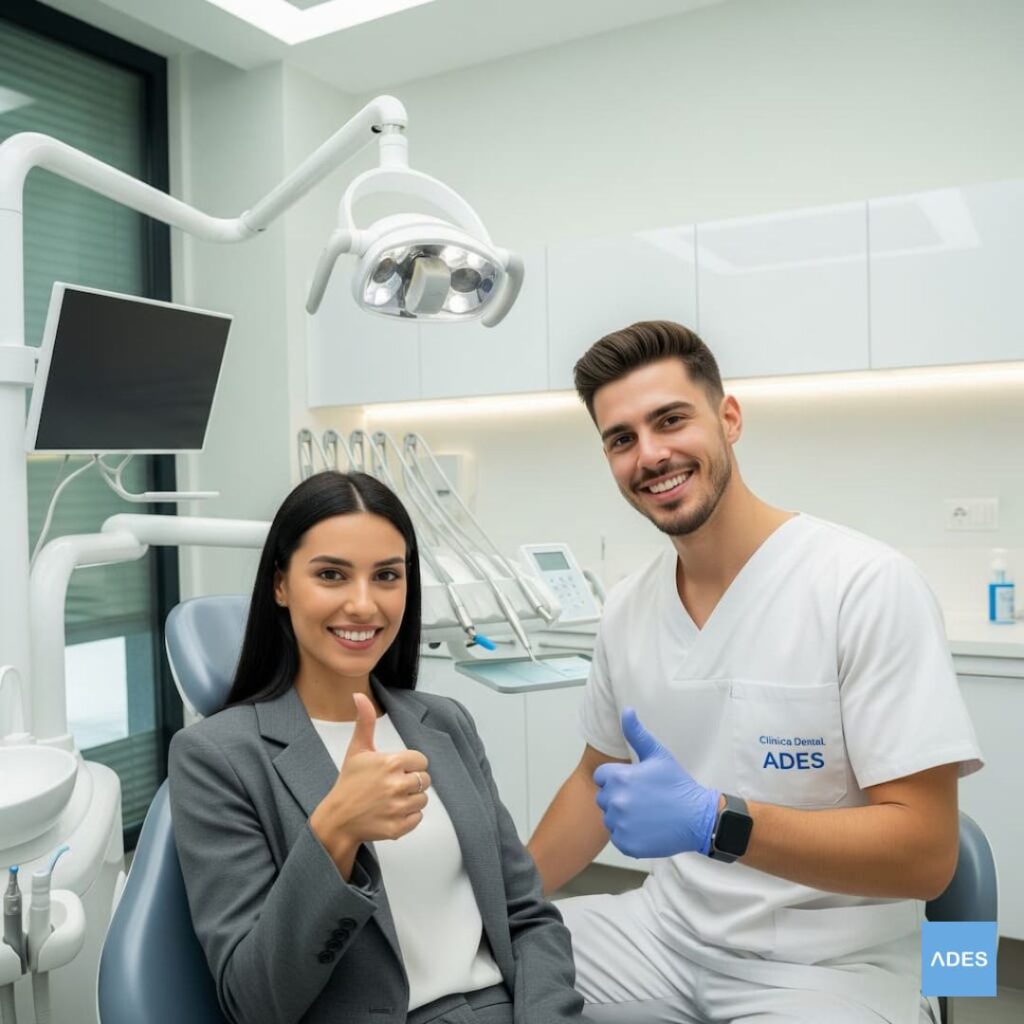 Dentista y paciente satisfechos tras una limpieza dental sin dolor en Clínica Dental ADES.