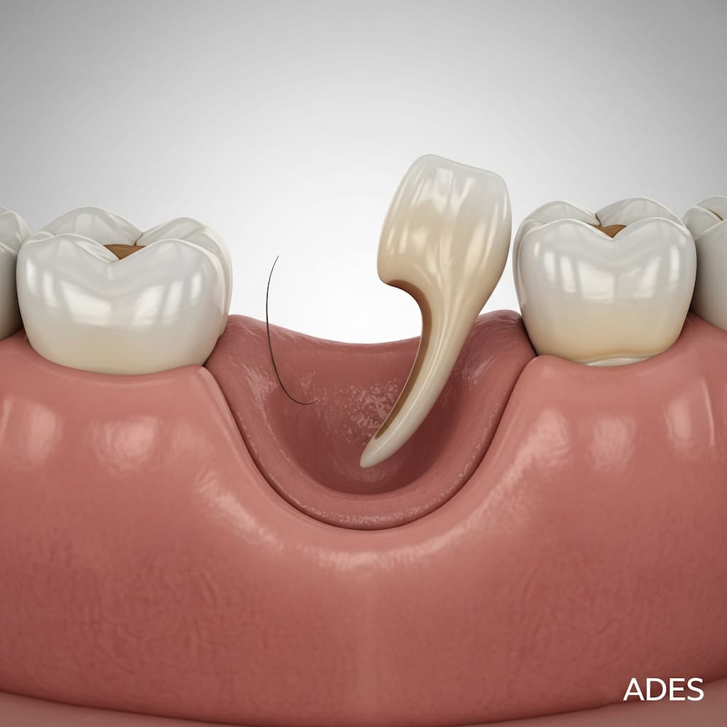 Ilustración médica de encía retraída con diente flojo por periodontitis en Clínica Dental ADES.