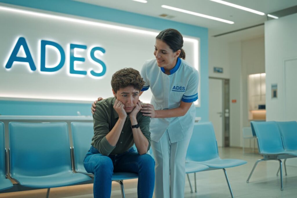 Paciente con ansiedad en la sala de espera siendo acompañada por una profesional de ADES con trato humano.