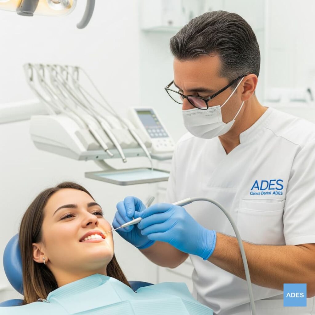 Dentista de ADES realizando revisión periodontal en una zona inflamada de la encía.