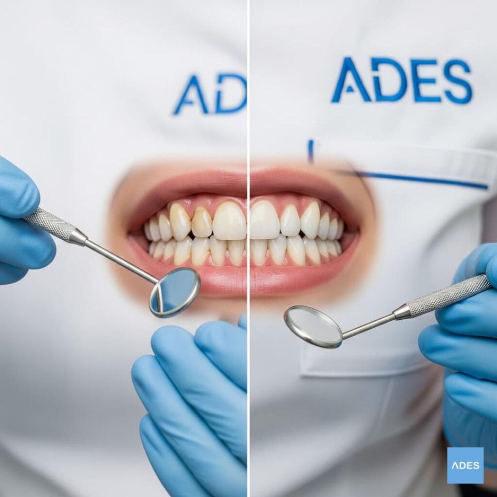 Comparación antes y después de una limpieza dental con acumulación de sarro, realizada en ADES.