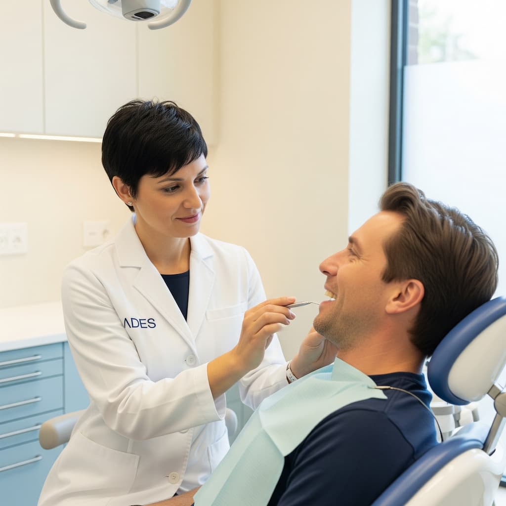 Dentista de Clínica ADES trata un empaste caído con tecnología moderna en Badajoz.