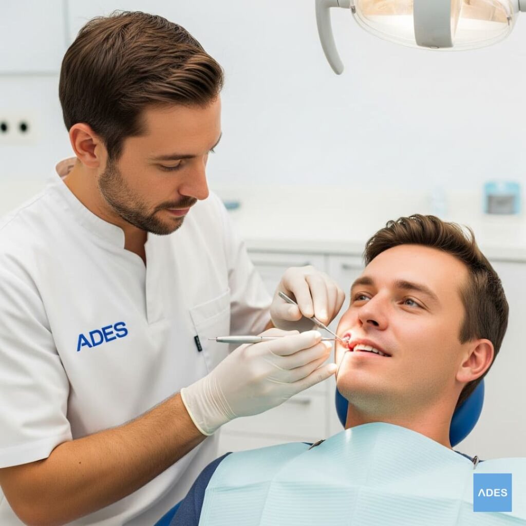 Tratamiento de encía inflamada en un solo diente aplicado por profesional en Clínica Dental ADES.