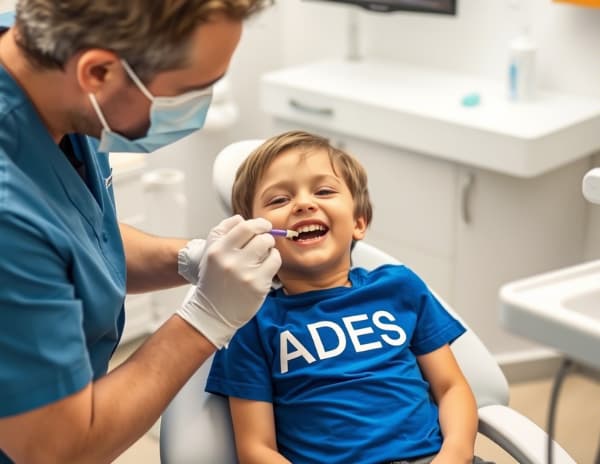 Aplicación de Flúor para Niños en Badajoz | Prevención de Caries | Clínica Dental Ades Odontopediatra aplicando flúor en los dientes de un niño durante tratamiento preventivo en Clínica Dental Ades de Badajoz