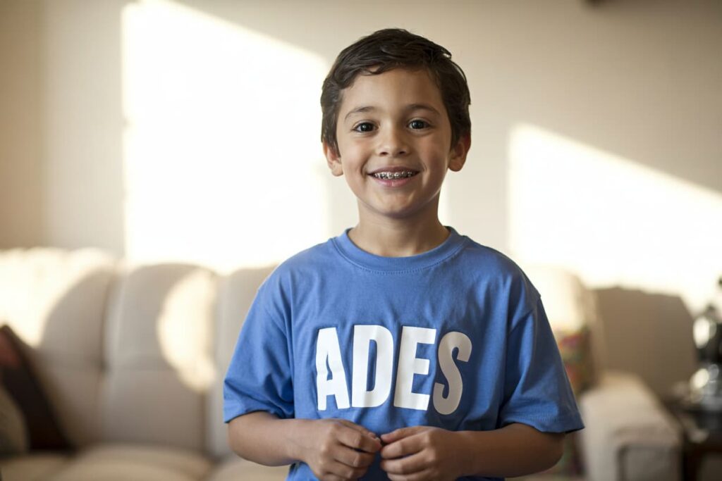 Niño sonriendo durante tratamiento de ortodoncia infantil en Clínica Dental ADES de Badajoz