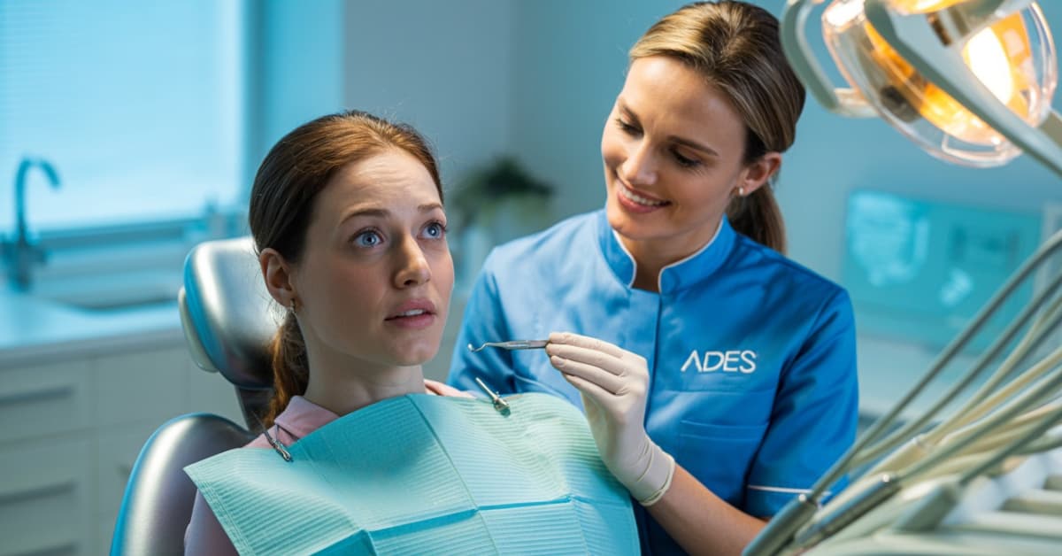 Dentista de Clínica Dental ADES en Badajoz atendiendo a una paciente con fobia dental con trato cercano y sin dolor.