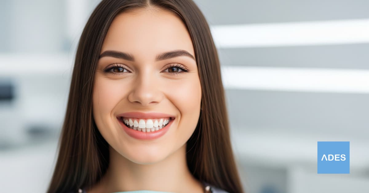 Mujer sonriendo con alineadores de ortodoncia invisible transparentes en la Clínica Dental ADES Badajoz.